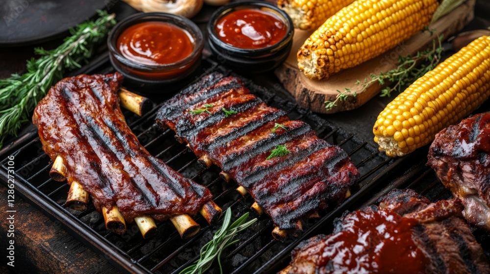BBQ and grilling collage with flame-grilled meats, smoked ribs, fresh corn, and BBQ sauces, ideal for outdoor cooking campaigns. BBQ and grilling collage with flame-grilled meats, smoked ribs, fresh corn, and BBQ sauces, ideal for outdoor cooking campaigns.
