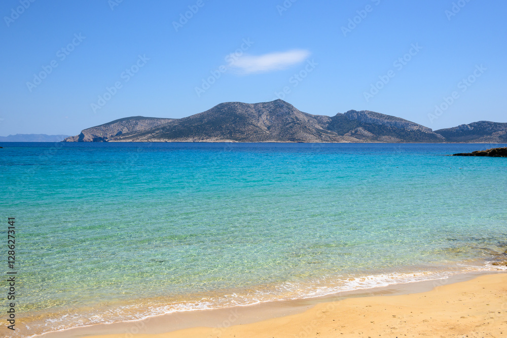 Ano Koufonisi. Finikas beach with sand and azure sea water. Small Cyclades, Greece