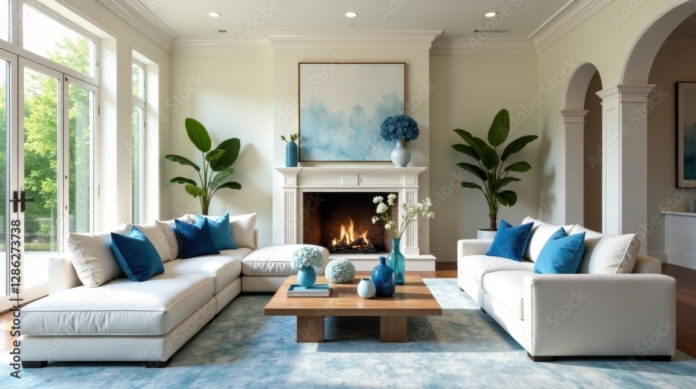 Fototapeta premium Serene Living Room with Sectional Sofa, Fireplace, and Blue Accents
