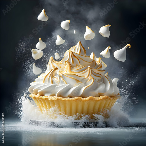 A delicious meringue pie with swirls of cream and flying meringue kisses, creating an enticing culinary masterpiece. photo