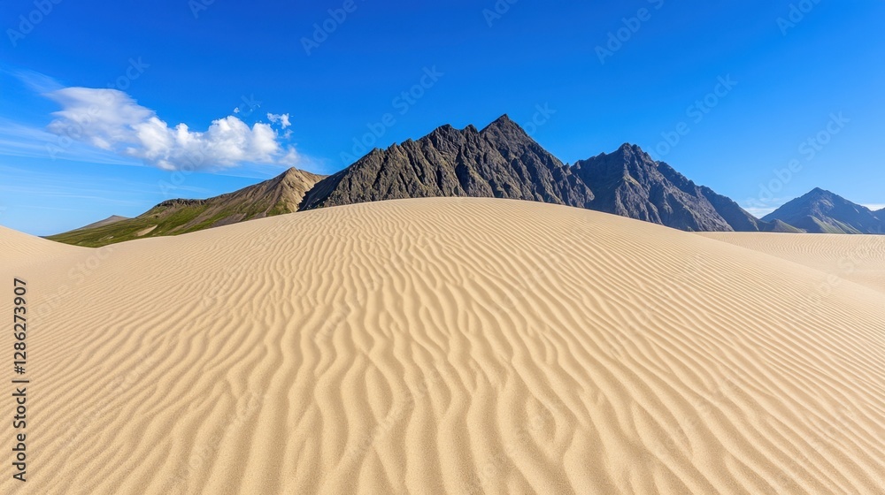 Desert landscape with textured sand dunes and dark mountains under a vibrant blue sky. Rippled sand patterns dominate the foreground, creating a Desert landscape with textured sand dunes and dark mountains under a vibrant blue sky. Rippled sand patterns dominate the foreground, creating a