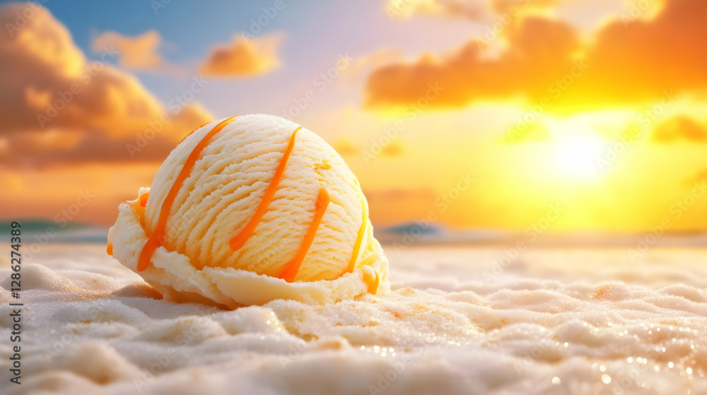 Obraz premium A delightful scoop of ice cream melting on a sandy beach as the sun sets, capturing the essence of summer relaxation.