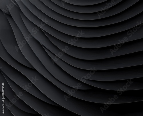 A straight line background showcasing a black metal compressed spring. Banner featuring plastic black enamel texture. Abstract tech industrial scene