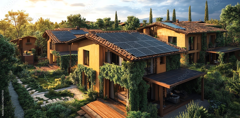 Obraz premium Eco-friendly Solar Powered Homes in Lush Green Setting