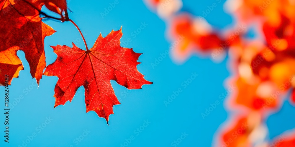 Vibrant red maple leaf against a clear blue sky captures the essence of autumn foliage. Vibrant red maple leaf against a clear blue sky captures the essence of autumn foliage.