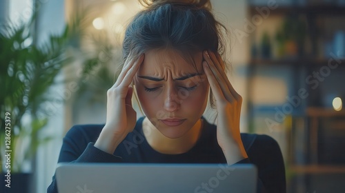 Young woman working on laptop having headache. Bored workaholic female accountant employee with headache and stress. Businesswoman woman with migraine, stress relief, chronic pain photo