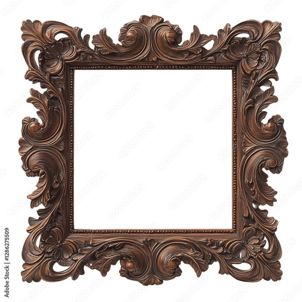 Sophisticated Square Dark Brown Baroque Frame with Ornate Details – PNG Transparent Background Sophisticated Square Dark Brown Baroque Frame with Ornate Details – PNG Transparent Background