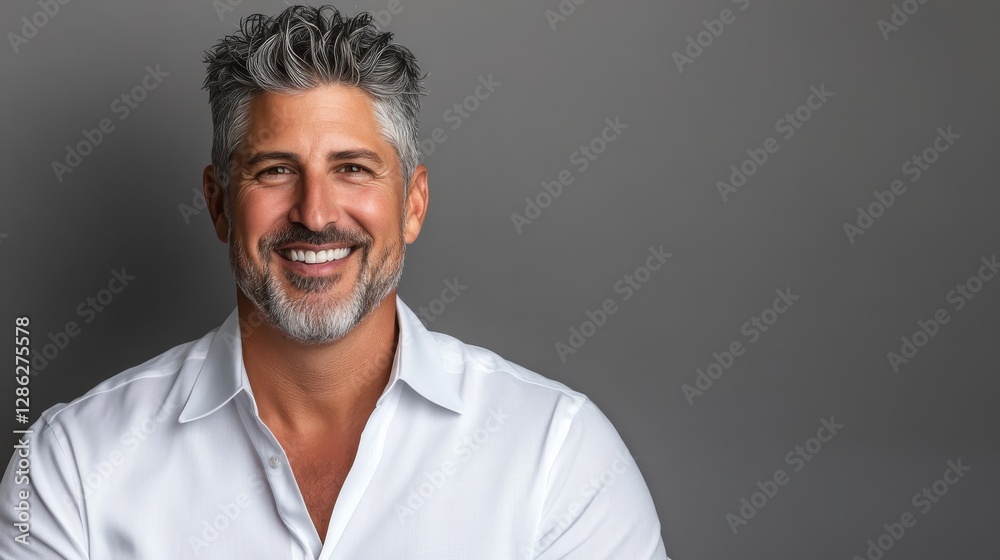 Obraz premium Distinguished middle-aged man displays a subtle smile, dressed in a crisp white shirt, set against a neutral gray background for a corporate branding look