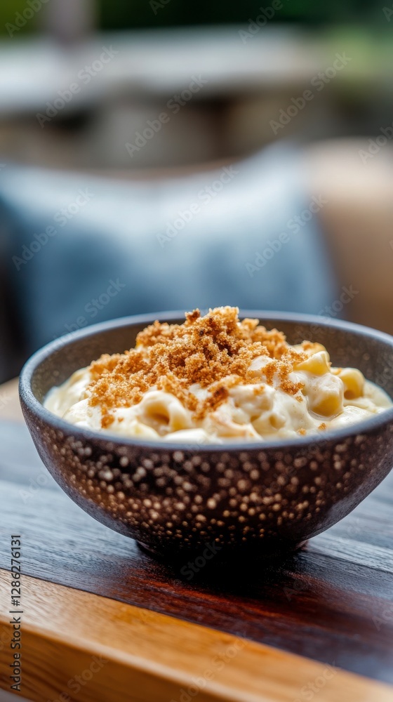 Creamy Mac And Cheese With Crispy Topping In Dark Bowl Creamy Mac And Cheese With Crispy Topping In Dark Bowl