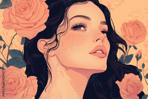 Beautiful girl with rose in art-deco style.