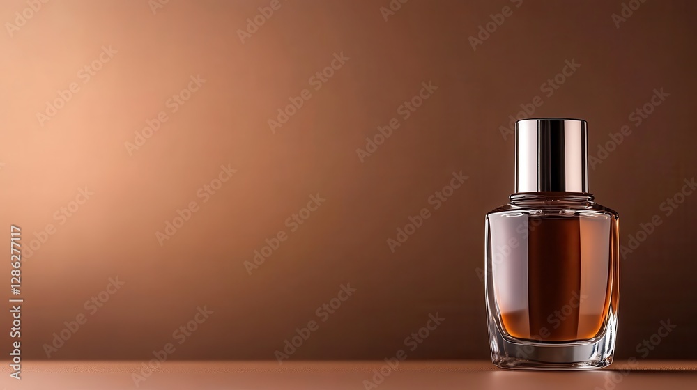 A minimalist glass perfume bottle set on a soft, brown backdrop, designed to convey elegance and sophistication, perfect for haute couture fashion accessories.