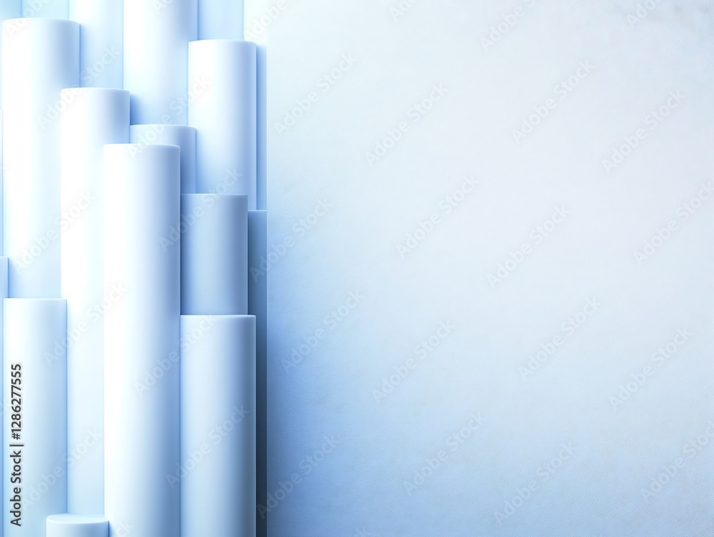 Soft light illuminates pale blue cylindrical forms arranged asymmetrically against a smooth backdrop creating a serene minimalist aesthetic.. AI Generated
