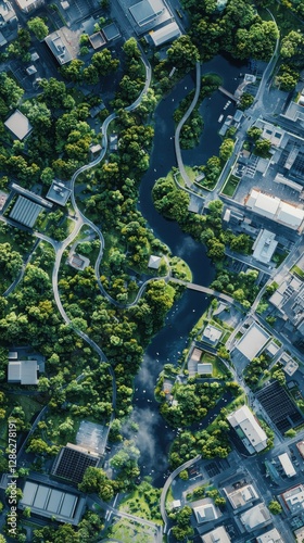 Circular economy principles in urban setting aerial view of recycling facilities emphasizing sustainable resource flow photo