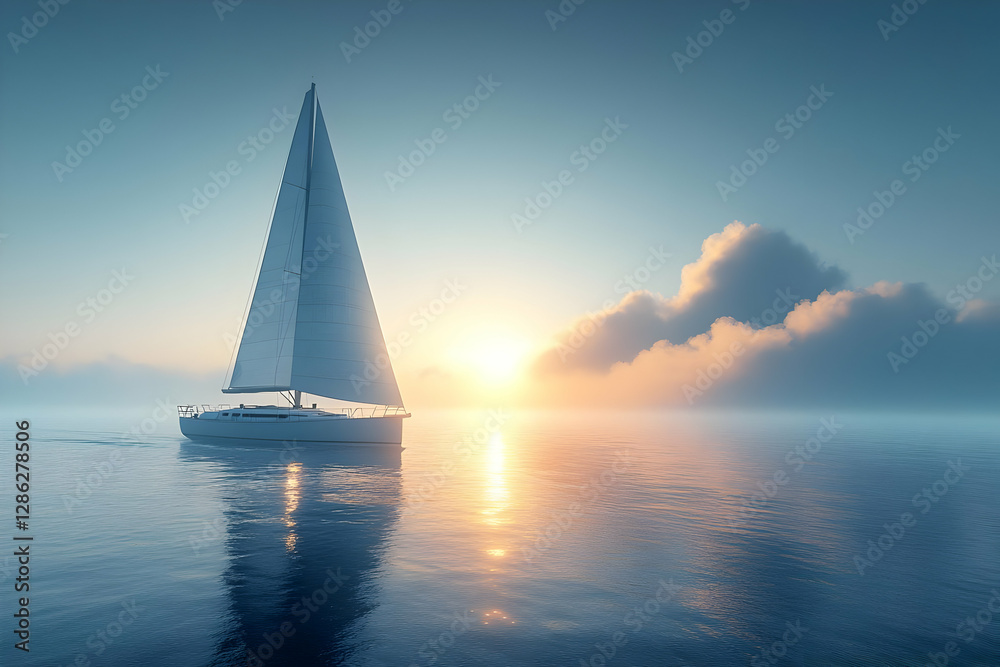 White Sailboat At Sunrise On Calm Ocean White Sailboat At Sunrise On Calm Ocean