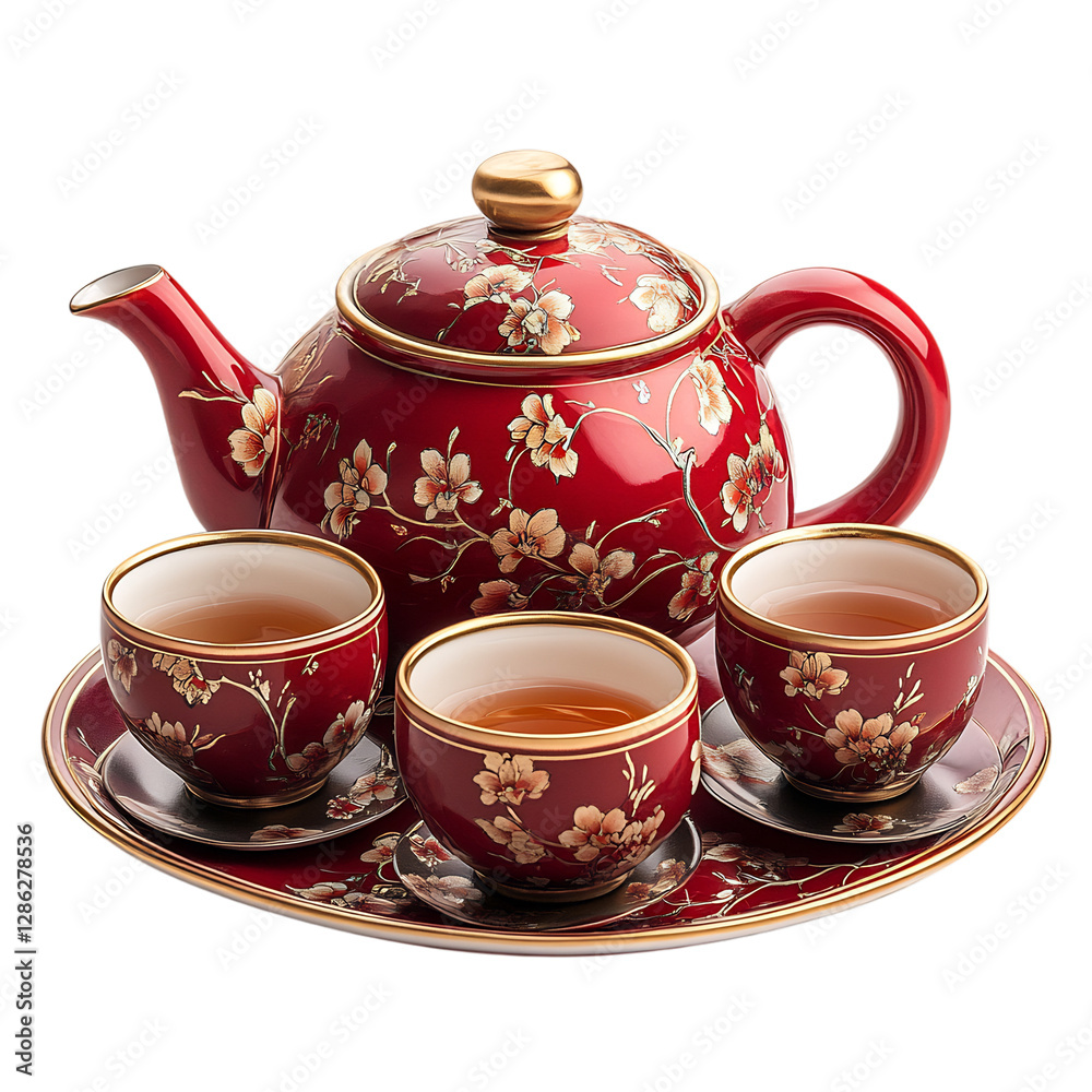Traditional Chinese Red Tea Set with Gold Trim Isolated on Transparent Background Traditional Chinese Red Tea Set with Gold Trim Isolated on Transparent Background