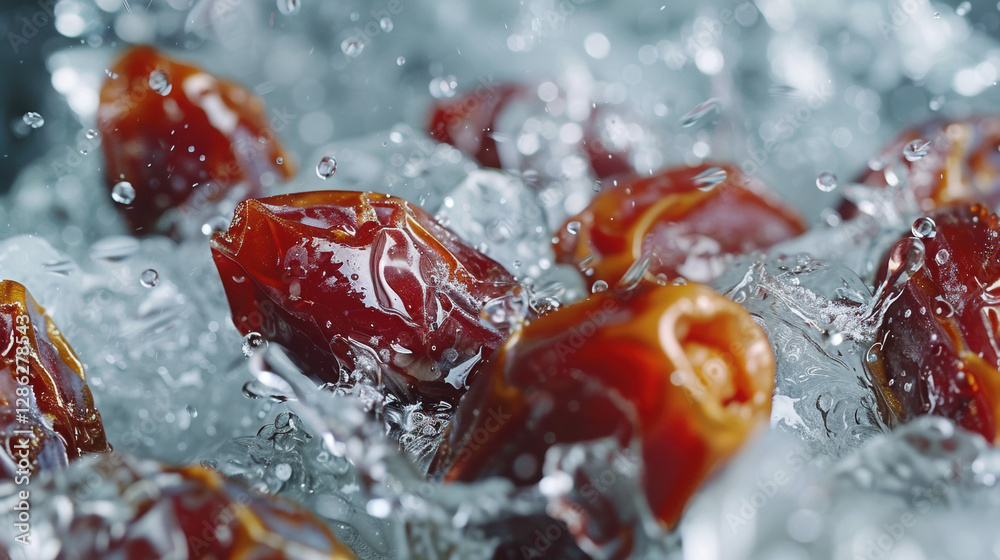 Fresh dates splashing in ice water, creating a refreshing, dynamic scene. Fresh dates splashing in ice water, creating a refreshing, dynamic scene.