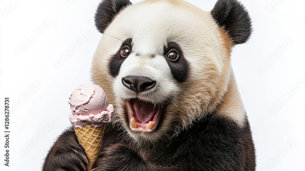 Fototapeta premium Panda bear is holding an ice cream cone in its mouth. The bear is smiling and he is enjoying the treat
