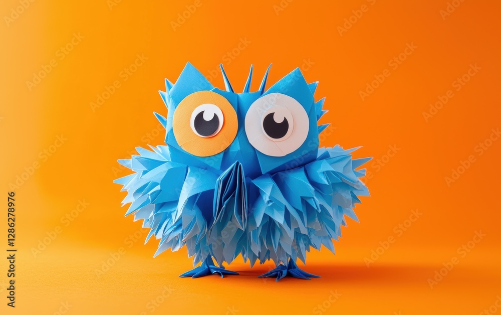 Naklejka premium Cute paper monster with origami folds, fluffy and round, bright paper eyes, on energetic orange background