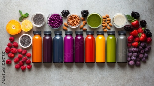 Neatly arranged colorful supplement bottles, fresh fruits, nuts, and a glass of water on a textured surface highlight the importance of nutritious living and wellness
