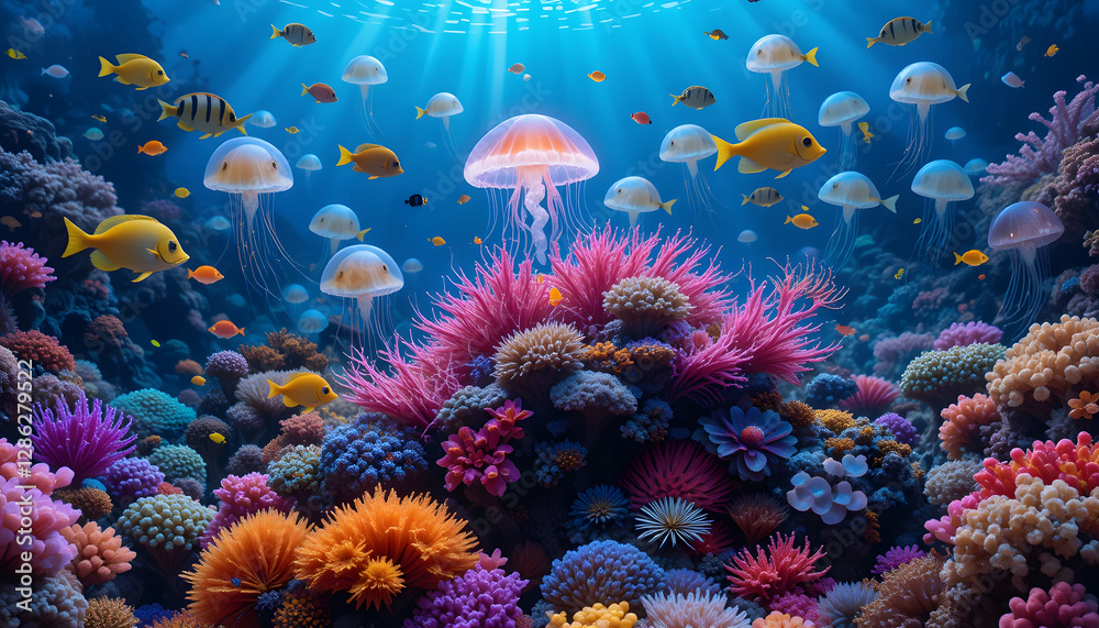 Obraz premium A colorful coral reef filled with exotic fish and glowing jellyfish.