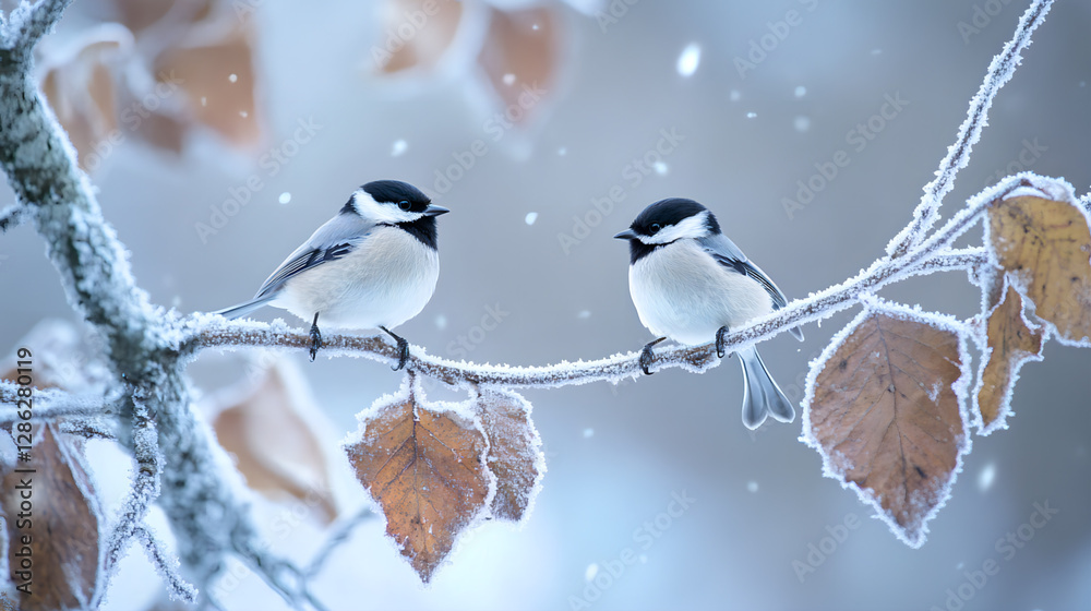 A pair of small chickadees with black and white feathers perched on a snowy tree branch, the branch is decorated with dry leaves covered with a thin layer of frost. AI generated images. A pair of small chickadees with black and white feathers perched on a snowy tree branch, the branch is decorated with dry leaves covered with a thin layer of frost. AI generated images.
