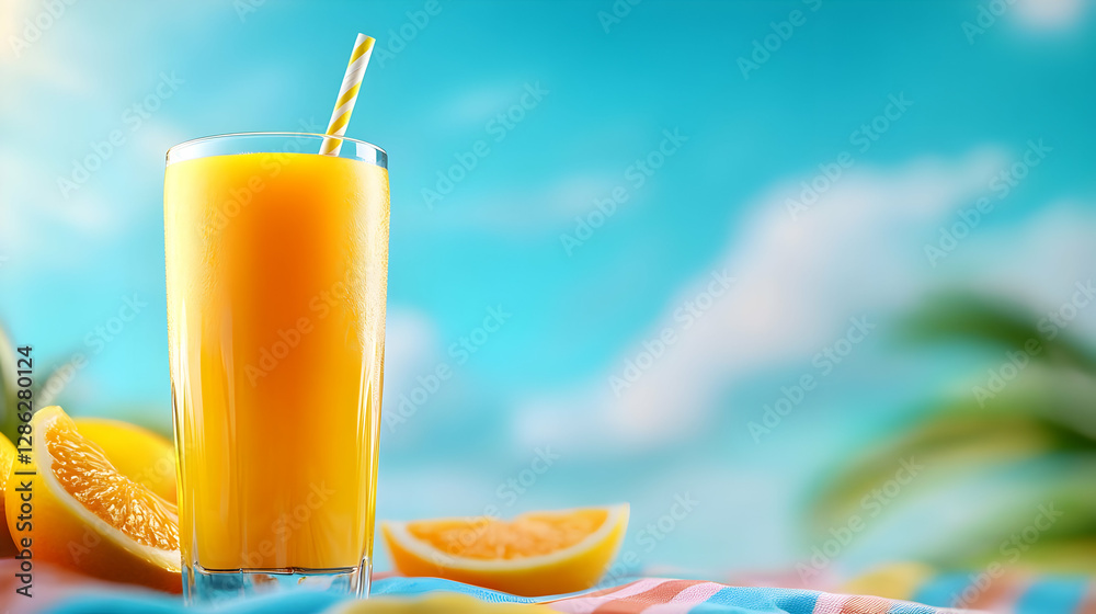 Obraz premium A refreshing glass of orange juice, positioned against a bright blue sky, perfect for summer vibes and relaxation.