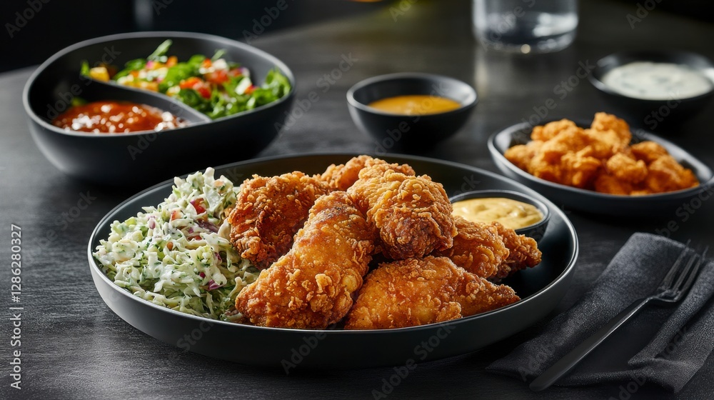 Crispy Fried Chicken with Creamy Coleslaw and Dipping Sauces on Black Plates Crispy Fried Chicken with Creamy Coleslaw and Dipping Sauces on Black Plates