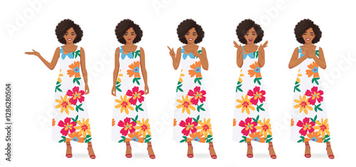 Young beautiful African American woman with afro hairstyle wearing colorful summer flower print dress standing with different gestures. Isolated vector illustration 