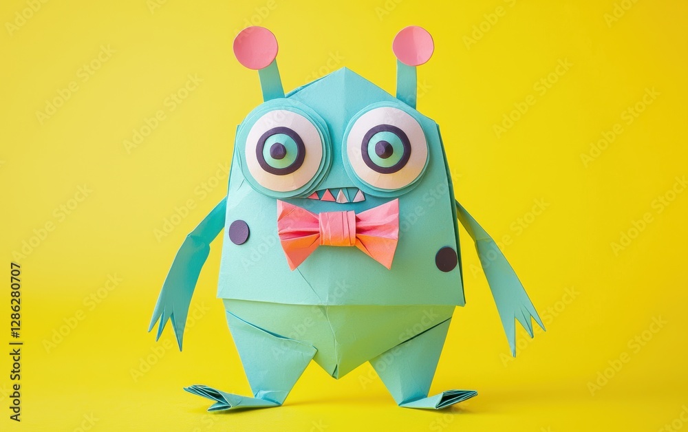 Fototapeta premium Cute paper monster with origami folds, wearing a bow tie, soft plushy look, on neon yellow background