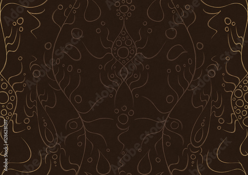 Wallpaper Mural Hand-drawn unique abstract ornament. Light semi transparent brown on a dark brown background, with vignette of same pattern in golden glitter. Paper texture. Digital artwork, A4. (pattern: p13-1a) Torontodigital.ca