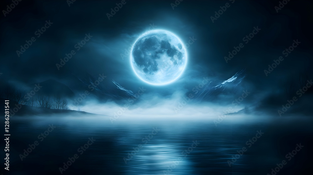 A serene moonlit landscape with a glowing moon reflecting on calm waters under a misty sky, creating a mysterious atmosphere. A serene moonlit landscape with a glowing moon reflecting on calm waters under a misty sky, creating a mysterious atmosphere.
