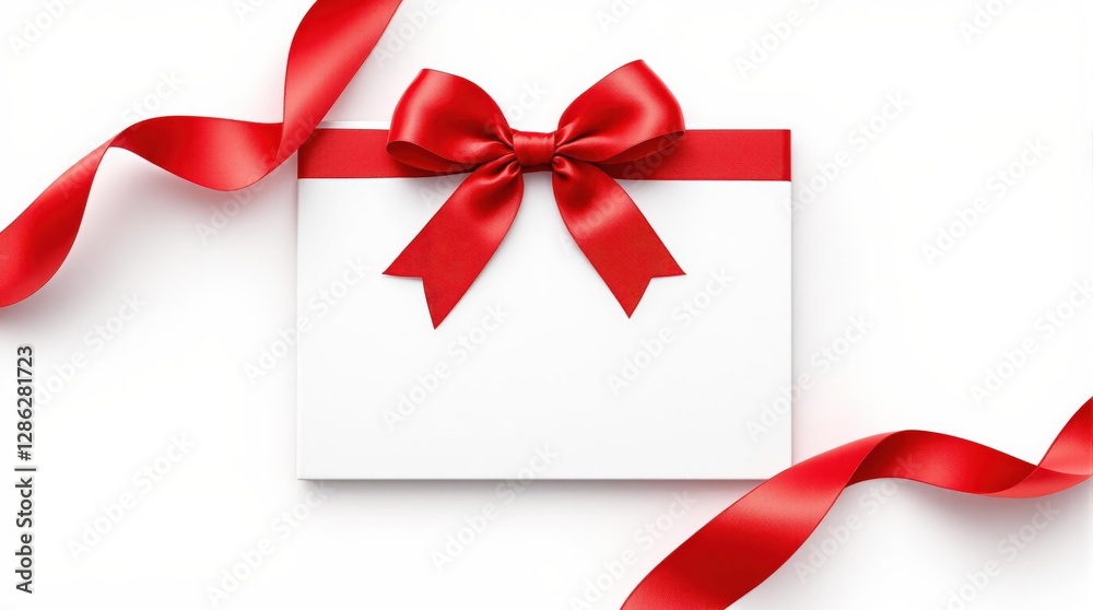 Minimalist Blank White Card with Red Satin Ribbon Bow, Clean Festive Design on White Background for Gift-Giving and Commercial Use Minimalist Blank White Card with Red Satin Ribbon Bow, Clean Festive Design on White Background for Gift-Giving and Commercial Use