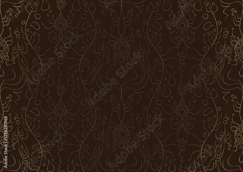 Wallpaper Mural Hand-drawn unique abstract ornament. Light semi transparent brown on a dark brown background, with vignette of same pattern in golden glitter. Paper texture. Digital artwork, A4. (pattern: p13-1b) Torontodigital.ca