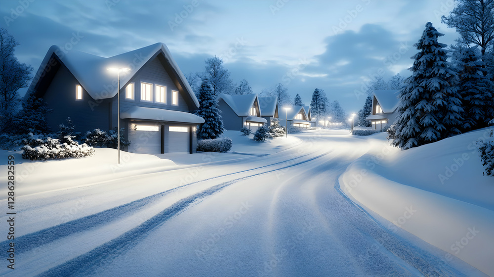 A serene winter evening in a snowy neighborhood, showcasing cozy homes and tranquil streets illuminated by soft lights.