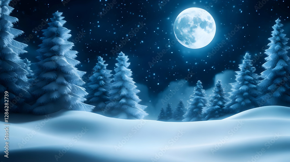 A serene winter night illuminated by a bright moon and surrounded by snow-covered pine trees in a tranquil landscape. A serene winter night illuminated by a bright moon and surrounded by snow-covered pine trees in a tranquil landscape.