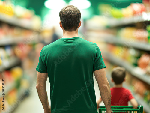 Family bonding father and son grocery shopping in the supermarket photo