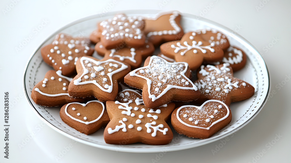 A plate of gingerbread cookies in the shape of Christmas ornaments such as stars and hearts, decorated with white glaze with powdered sugar. AI generated images. A plate of gingerbread cookies in the shape of Christmas ornaments such as stars and hearts, decorated with white glaze with powdered sugar. AI generated images.