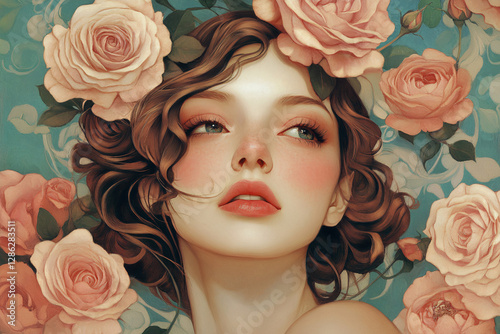 Portrait of a beautiful girl with roses - illustration.