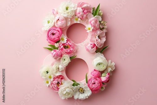 Vibrant floral design for international women's day celebration card, filled with pink and white spring flowers. Copy space for text