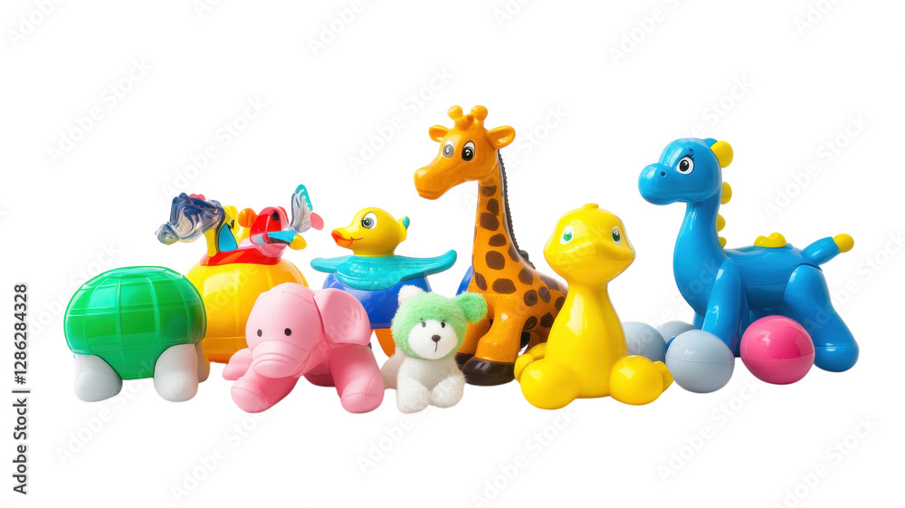 Obraz premium Assorted colorful children's toys arranged on a white background for playful learning and engagement