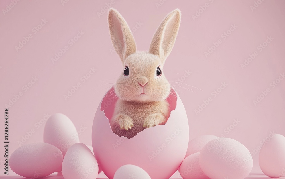 Easter rabbit sitting inside a giant pastel egg shell