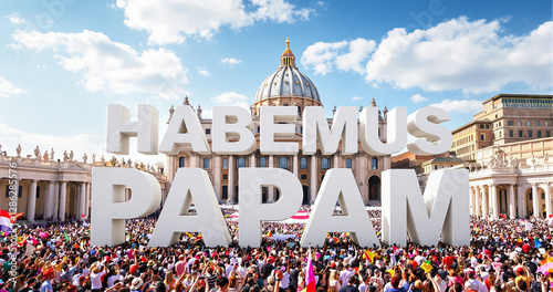 Vibrant scene of St. Peter's Square with a crowd celebrating under the bold text 