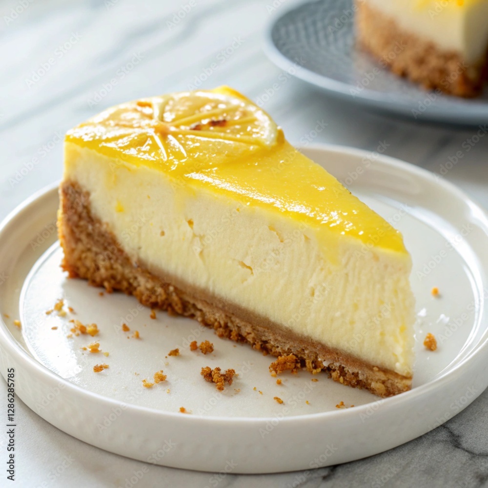 A slice of lemon cheesecake with a graham cracker crust on a white plate.
A slice of lemon cheesecake with a graham cracker crust on a white plate.