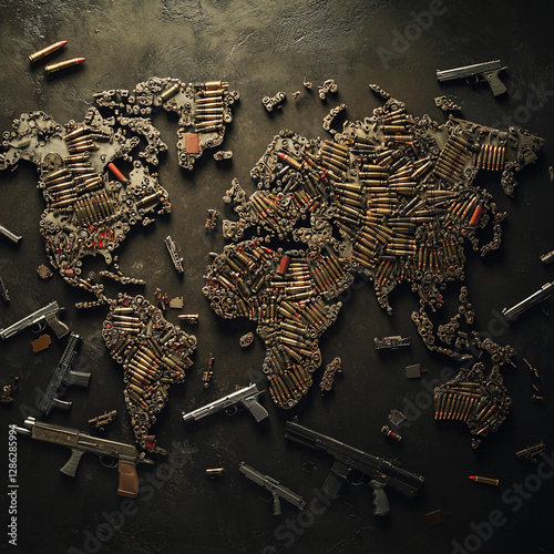 World map crafted from ammunition and firearms highlighting global conflicts and weaponry