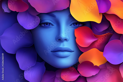 Colorful woman's face and petals.