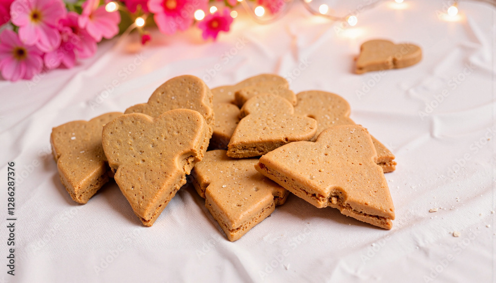 Heart-shaped cookies on white table with flowers Heart-shaped cookies on white table with flowers