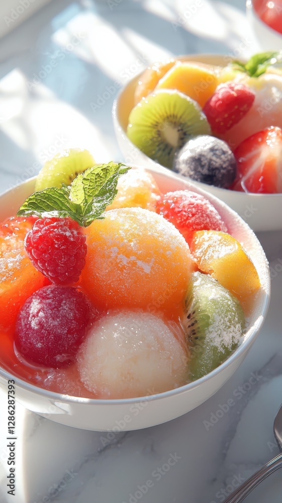Fruit sorbet recipe in bowls bright kitchen food photography vibrant light angled view refreshing summer dessert Fruit sorbet recipe in bowls bright kitchen food photography vibrant light angled view refreshing summer dessert