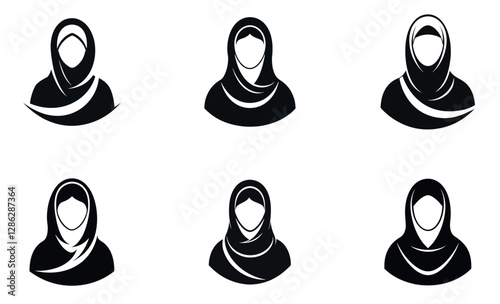 Simple Black and White Icons of Women Wearing Islamic Headscarves