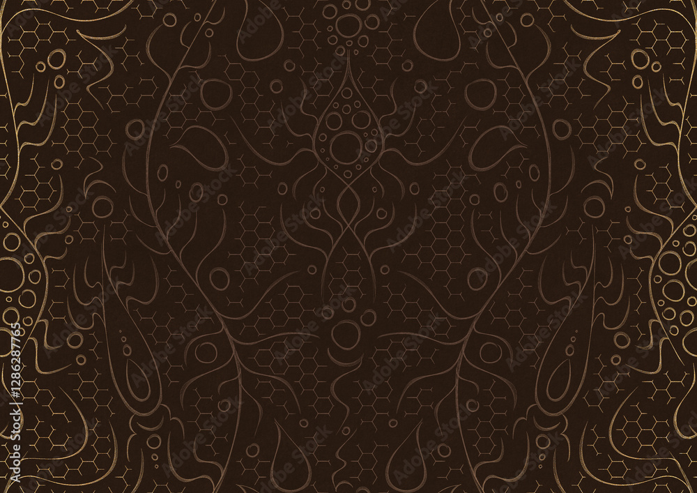 custom made wallpaper toronto digitalHand-drawn unique abstract ornament. Light semi transparent brown on a dark brown background, with vignette of same pattern in golden glitter. Paper texture. Digital artwork, A4. (pattern: p13-2a)