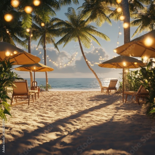 Tropical beach resort with palm trees, lounge chairs, and fairy lights. Beautiful tropical beach at sunset with palm trees, lounge chairs, umbrellas, and glowing string lights creating a relaxing atmo photo